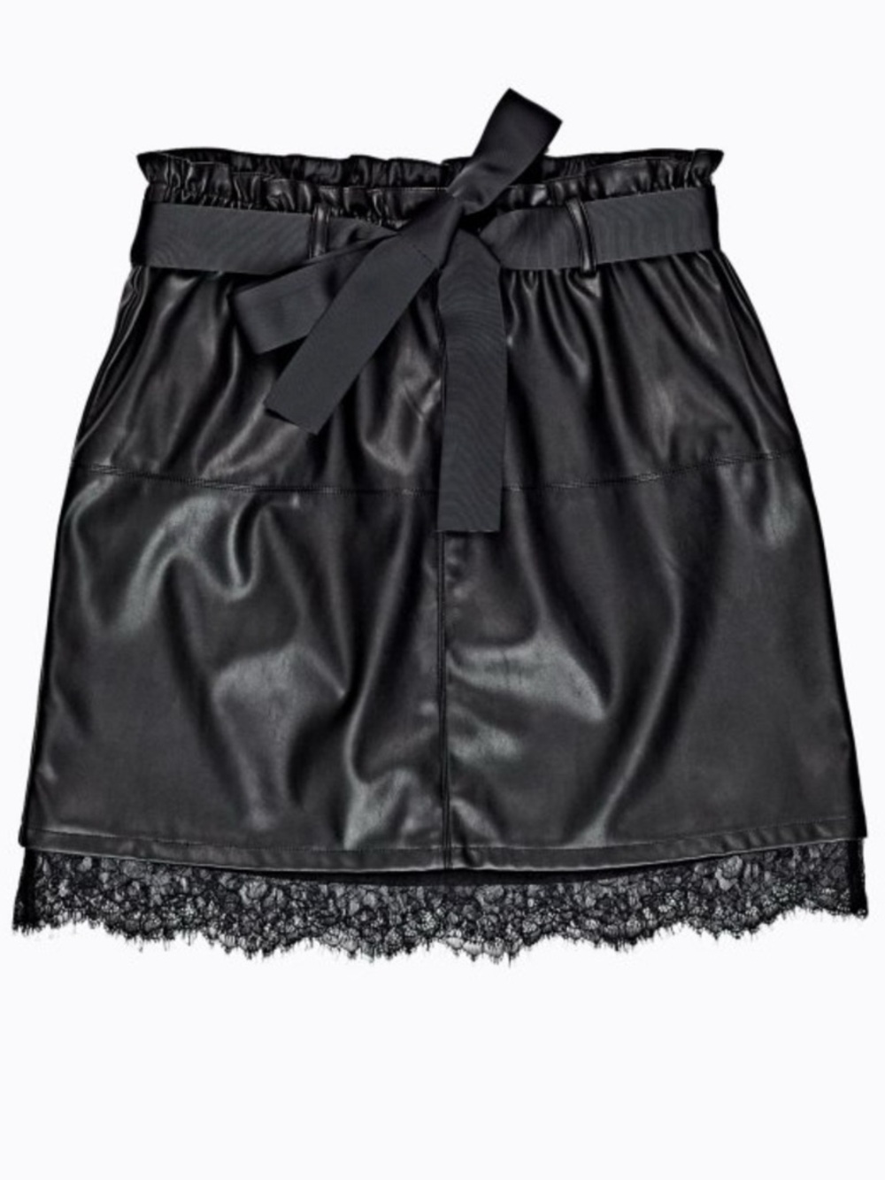 Zara Black Faux Leather Mini Skirt with Lace Trim - Size S